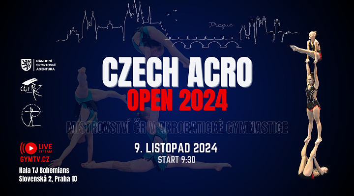 Czech Acro Open 2024  Rádi bychom vás pozvali na největší český závod v akrobatické gymnastice Czech Acro Open, tedy mezinárodní závod v rámci kterého probíhá i Mistrovství České republiky. Závod se uskuteční v sobotu 9. listopadu v Gymnastické hale